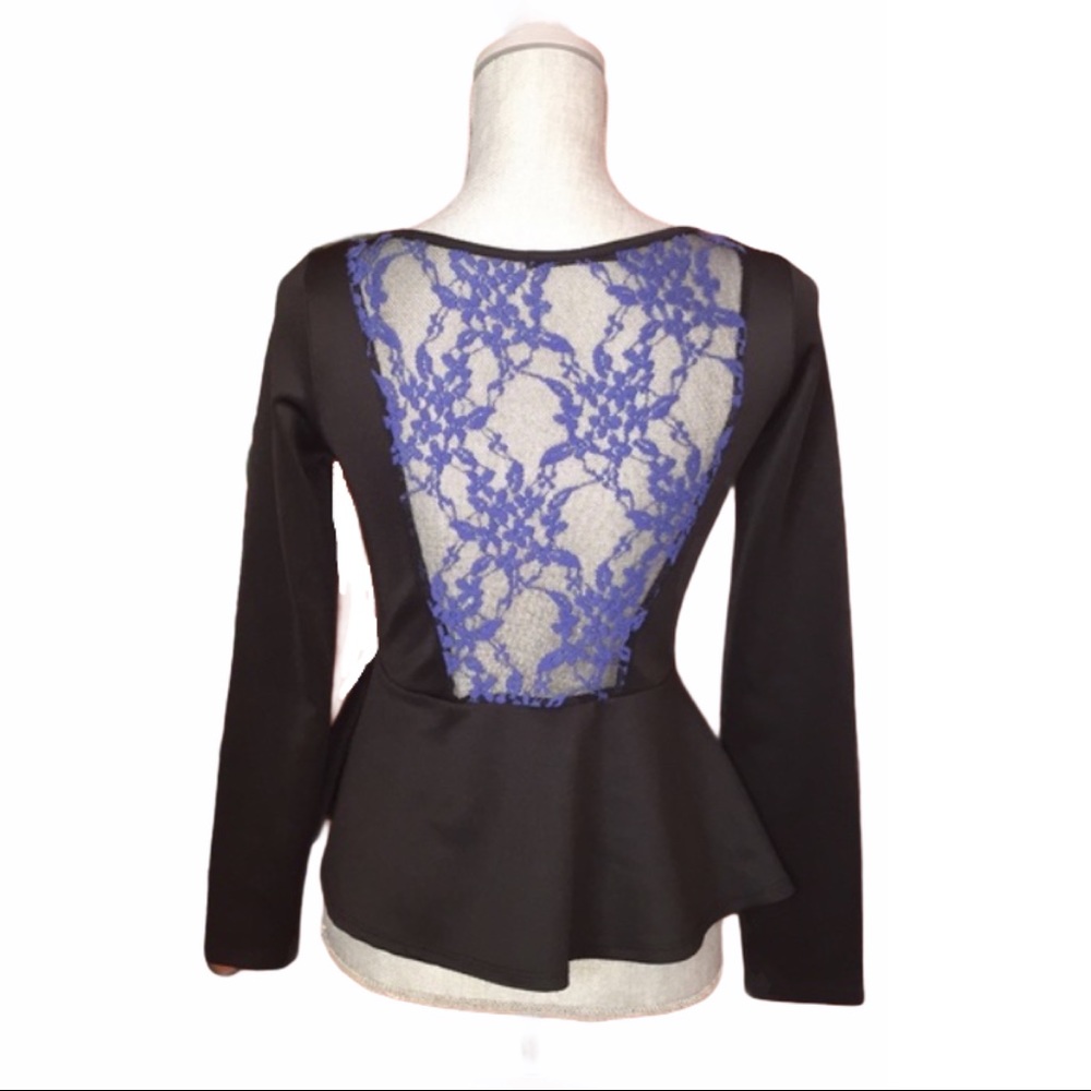 Must Have Black Blue Lace Back Peplum Top Small